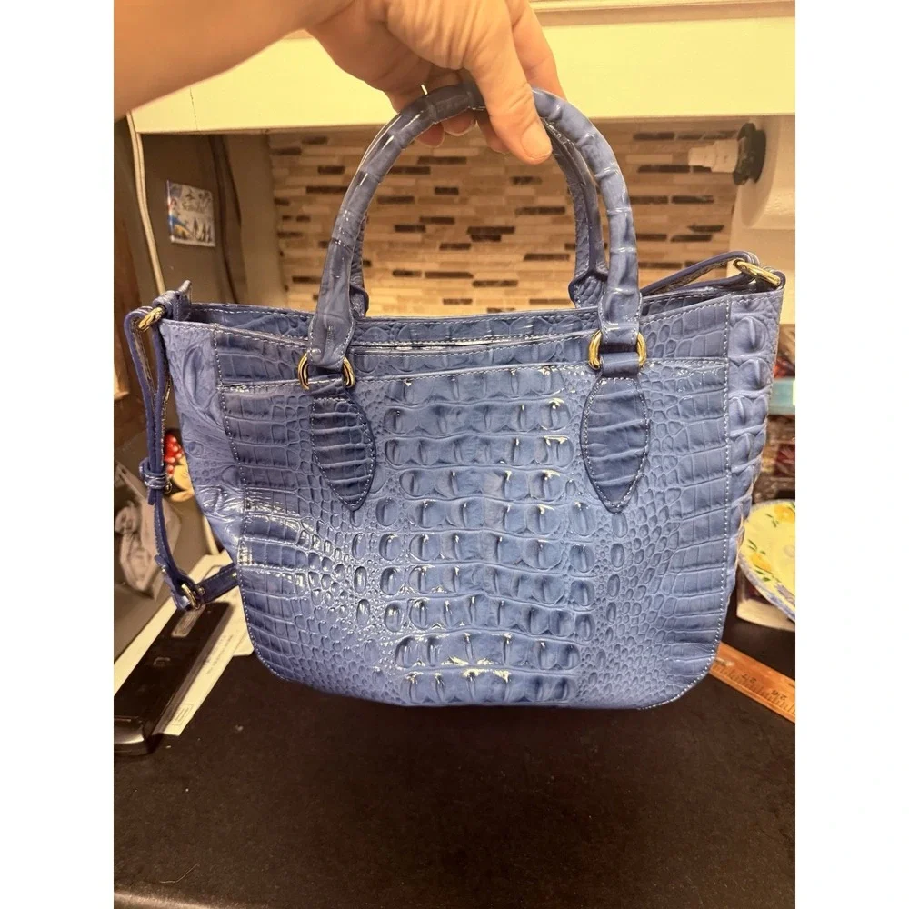 Brahmin Small Lena Satchel Croc Iris Blue Leather Shoulder Handbag Vtg Unused